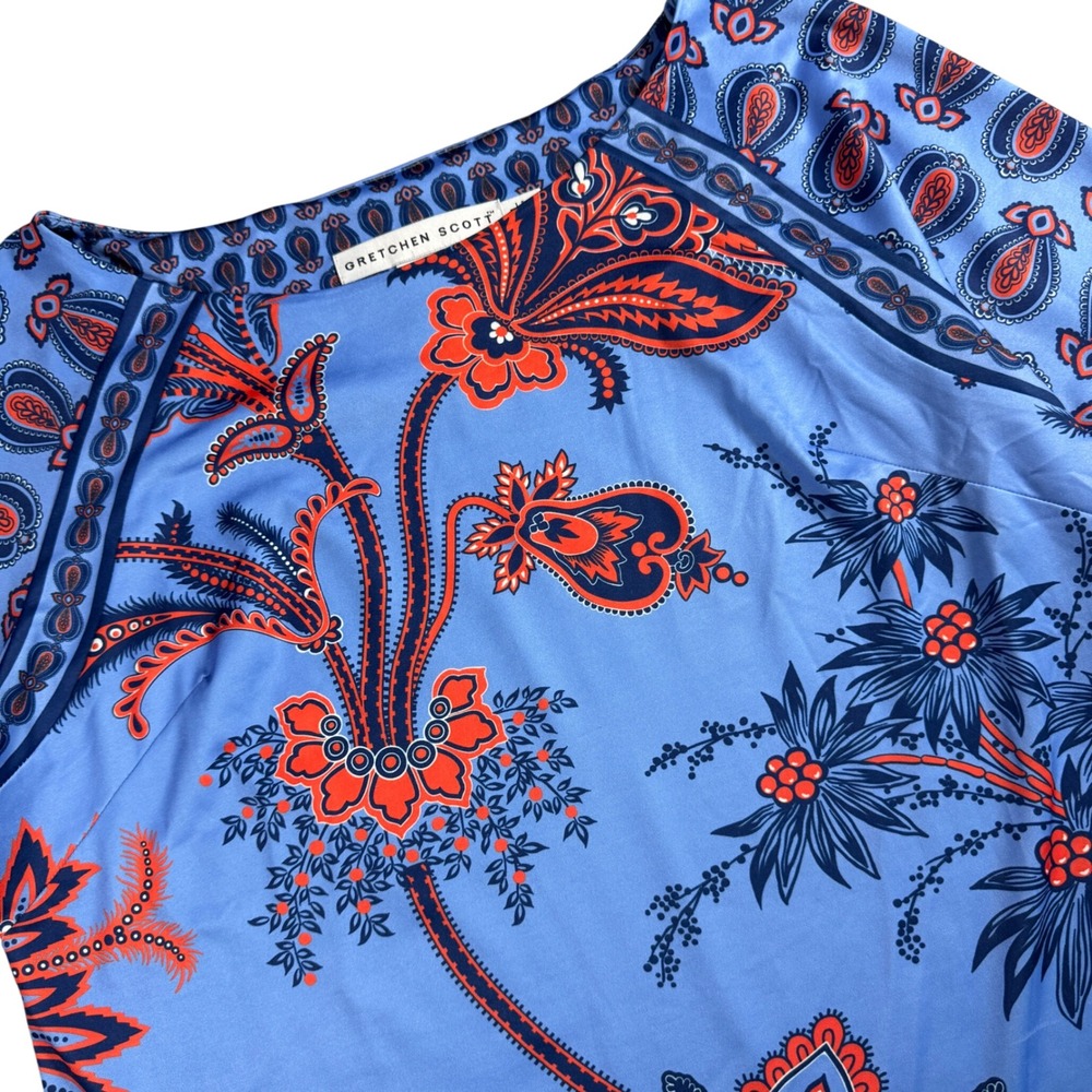 Gretchen Scott Paisley Floral Top Women XL Blue Orange 3/4 Sleeve Boat Neck